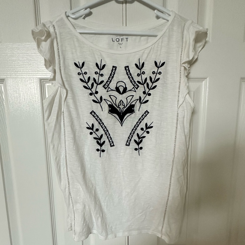 LOFT Women's White Top with Black Embroidery